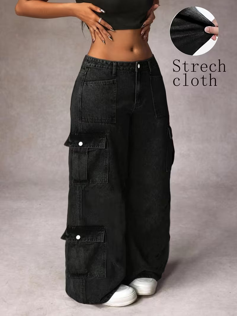 Pantalones cargo de mezclilla,  en negro para mujer de pierna ancha, casuales y elegantes