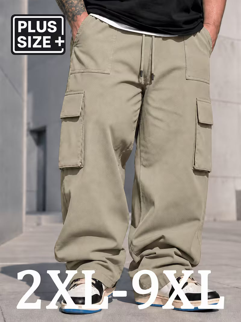 Pantalón cargo caqui para hombre en tallas grandes 2XL a 9XL, de pierna ancha y con bolsillos laterales.
