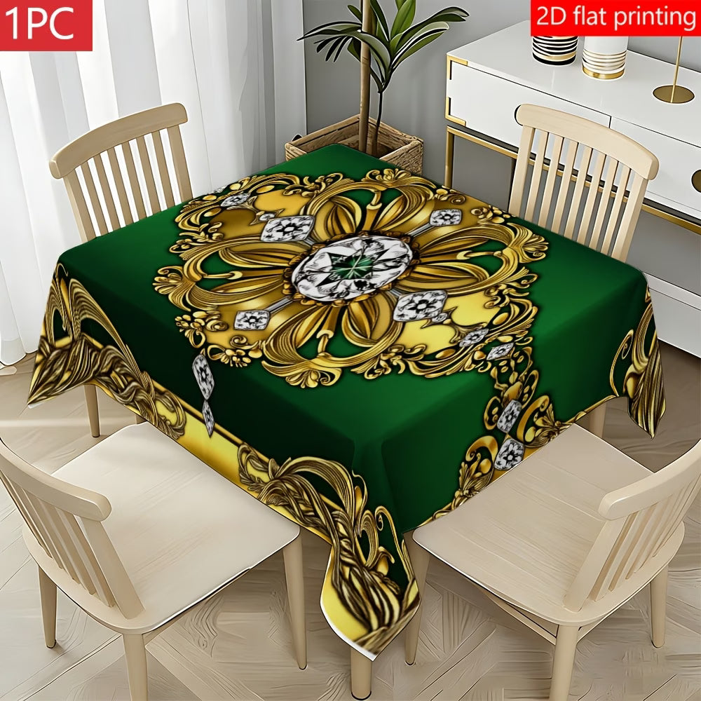 Mantel Verde Esmeralda con Ornamentos Dorados 💚✨ | Juego 1, 5 o 7 Piezas | Impresion 2D Plana