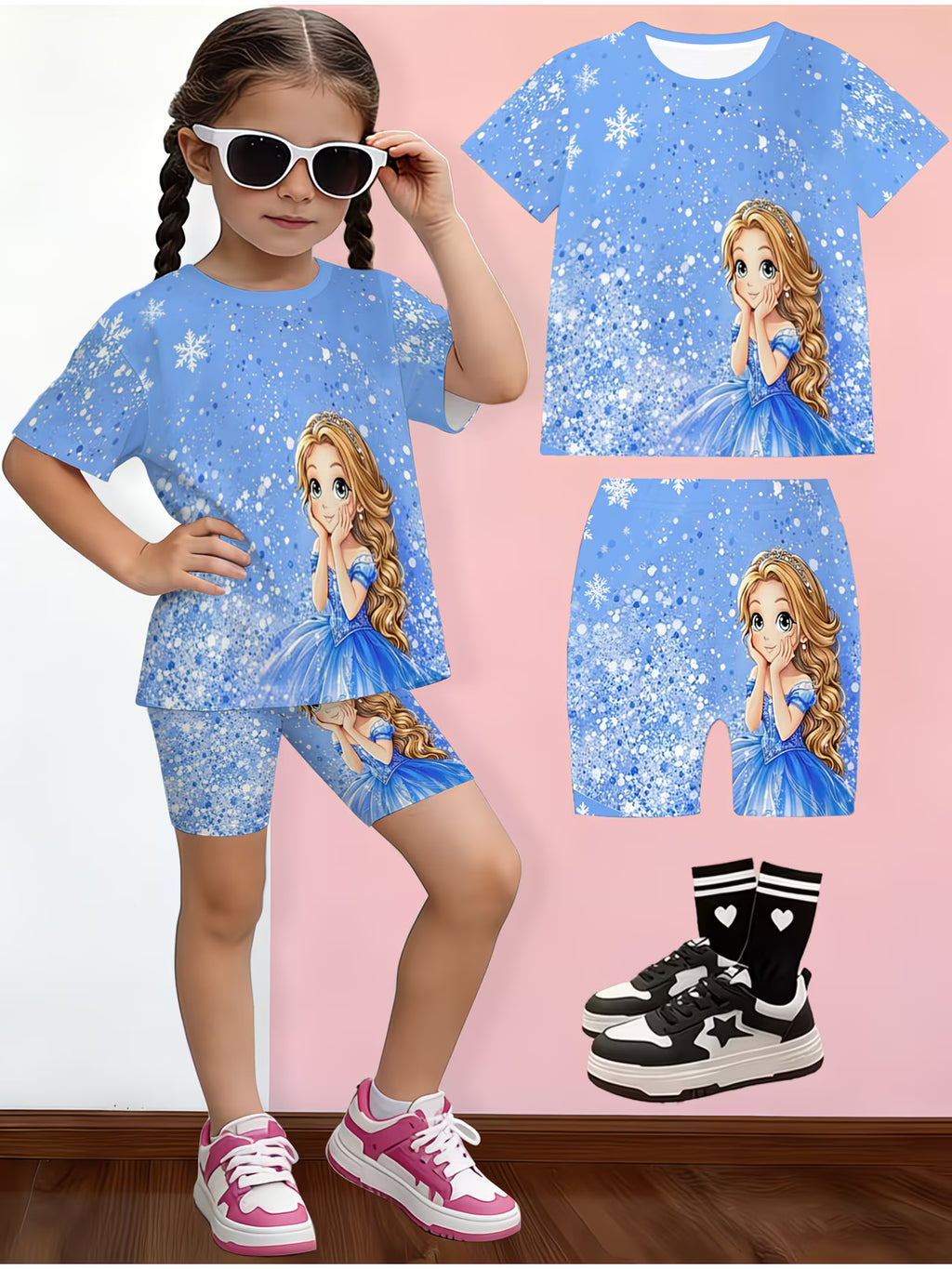 Conjunto de Camiseta y Shorts para Niña | Estampado 3D Princesa Azul | Tallas 1-2 a 13-14 Años