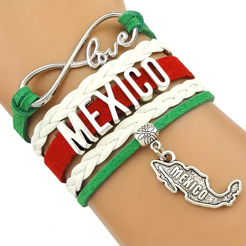 Pulsera México Love Infinity | Cuero Trenzado Verde Blanco Rojo | Dije Mapa México | Unisex
