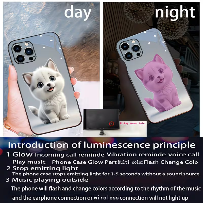Funda luminosa perrito adorable de día y de noche iluminada en rosa — principio de luminiscencia 7 colores — Soñando en Azul laferiadejulio.com