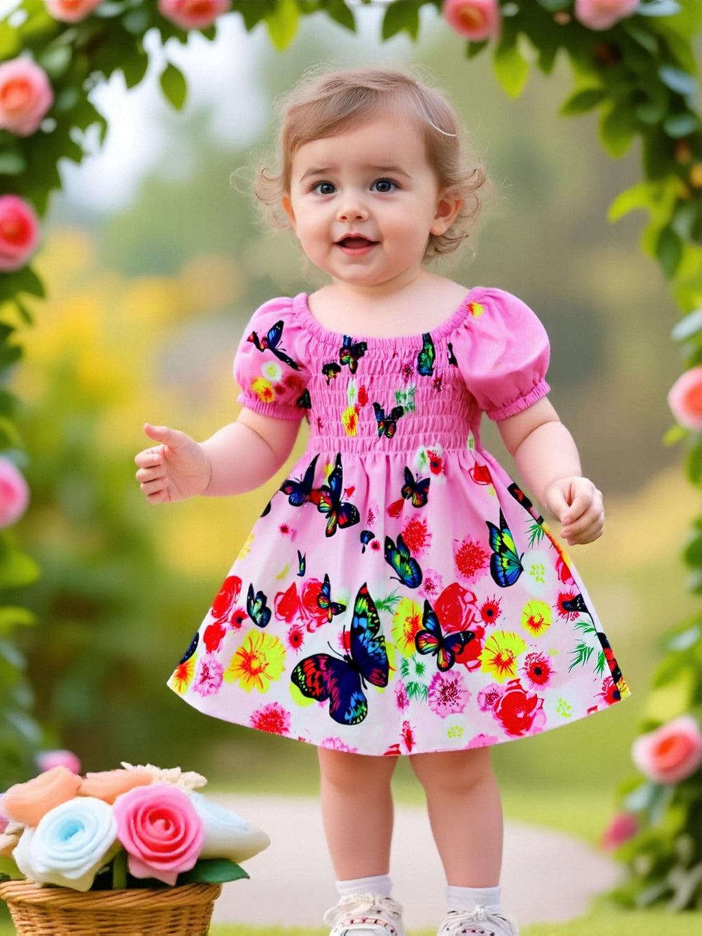 Vestido Rosa con Mariposas y Flores para Bebé y Niña | Manga Burbuja | Tallas 6M a 2-3 Años