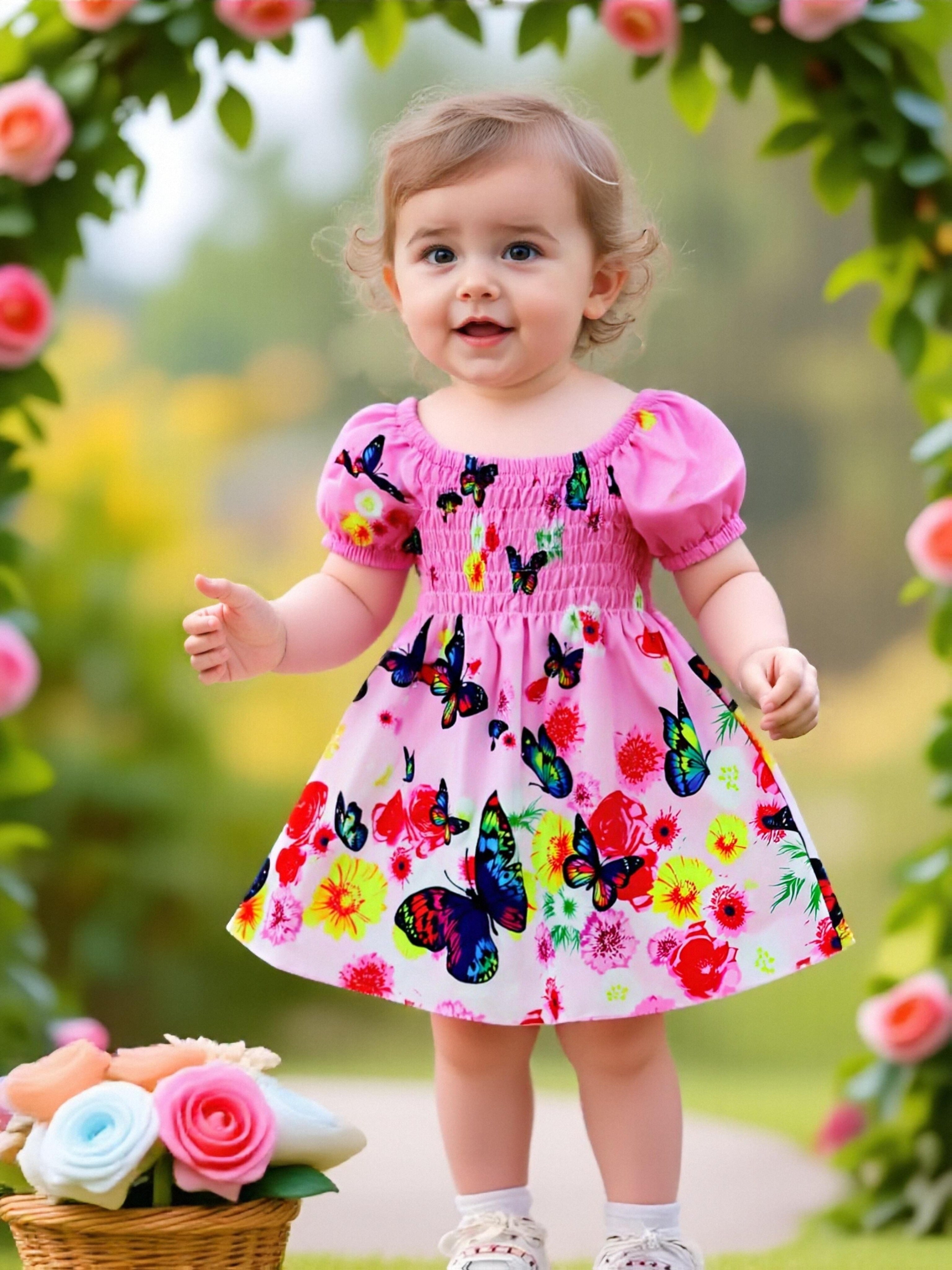 Vestido Rosa con Mariposas y Flores para Bebé y Niña | Manga Burbuja | Tallas 6M a 2-3 Años
