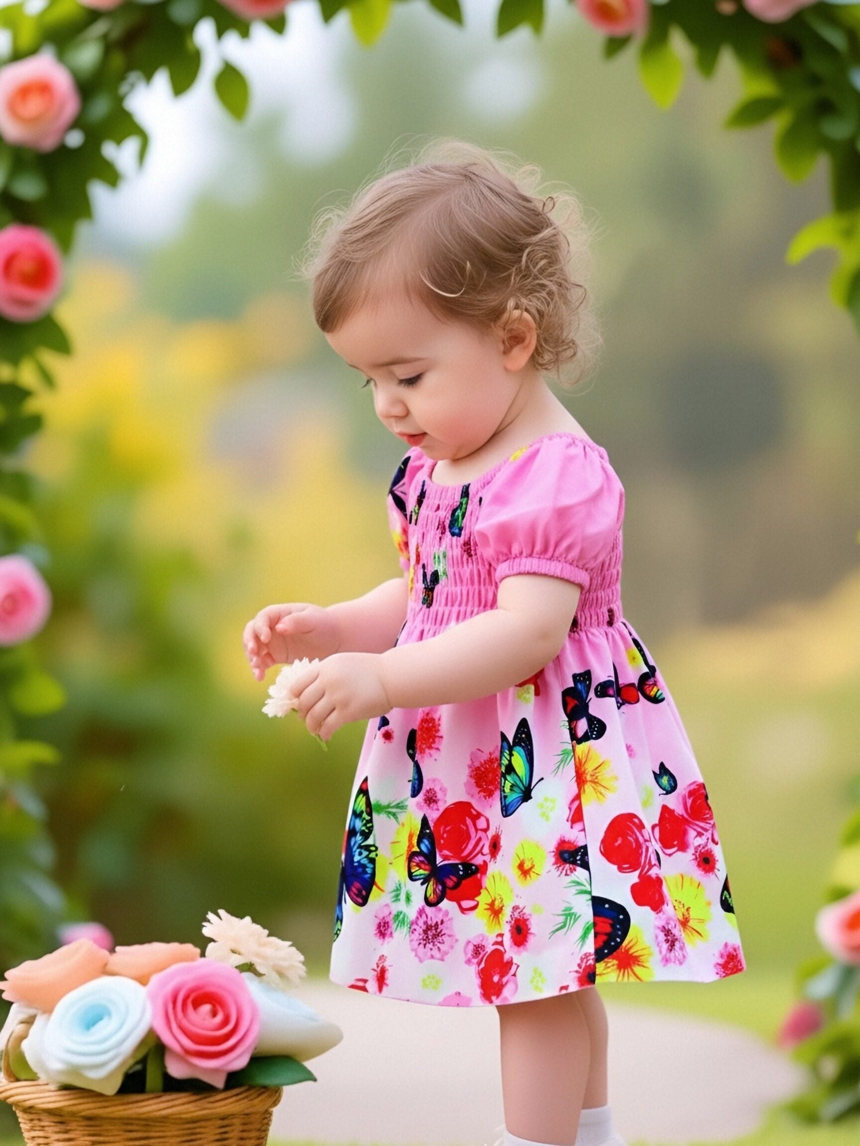 Vestido Rosa con Mariposas y Flores para Bebé y Niña | Manga Burbuja | Tallas 6M a 2-3 Años