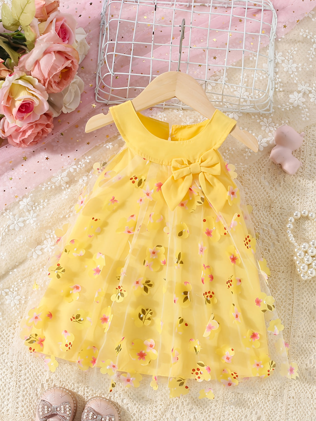 Vestido Veraniego para Bebé y Niña | Sin Mangas, Lazo y Tul Floral | Tallas 3M a 2-3 Años