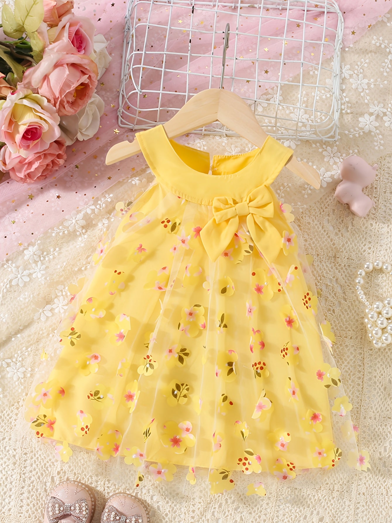Vestido Veraniego para Bebé y Niña | Sin Mangas, Lazo y Tul Floral | Tallas 3M a 2-3 Años