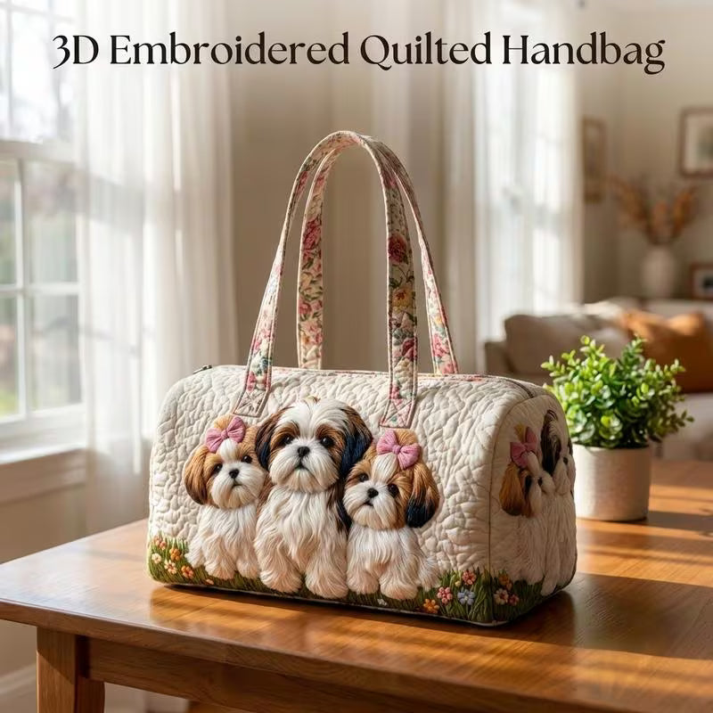 Encantador bolso tote acolchado estilo cottage core con diseño floral de cachorro Shih Tzu