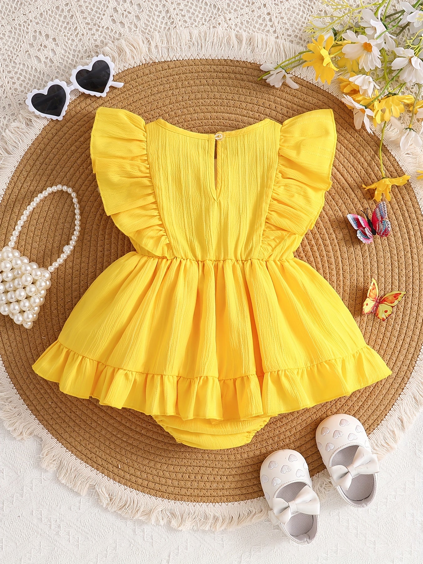 Vestido Romper Amarillo para Bebé | Bordado de Flores, Volantes y Diadema | Tallas 1-3M a 12-18M