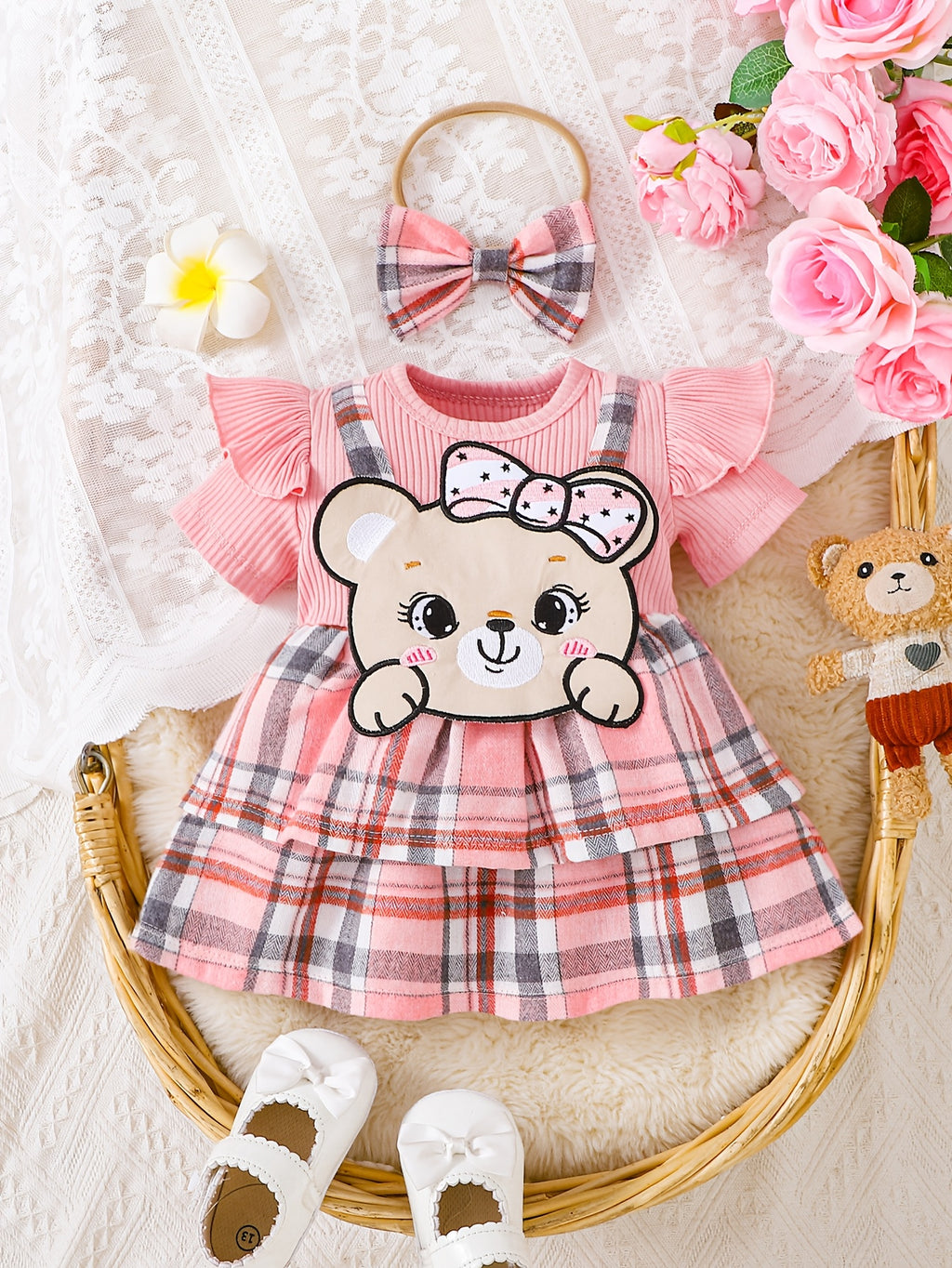 Vestido Romper Rosa para Bebé Niña con Diadema — Diseño Osito Tierno, Tallas 1-3M a 12-18M