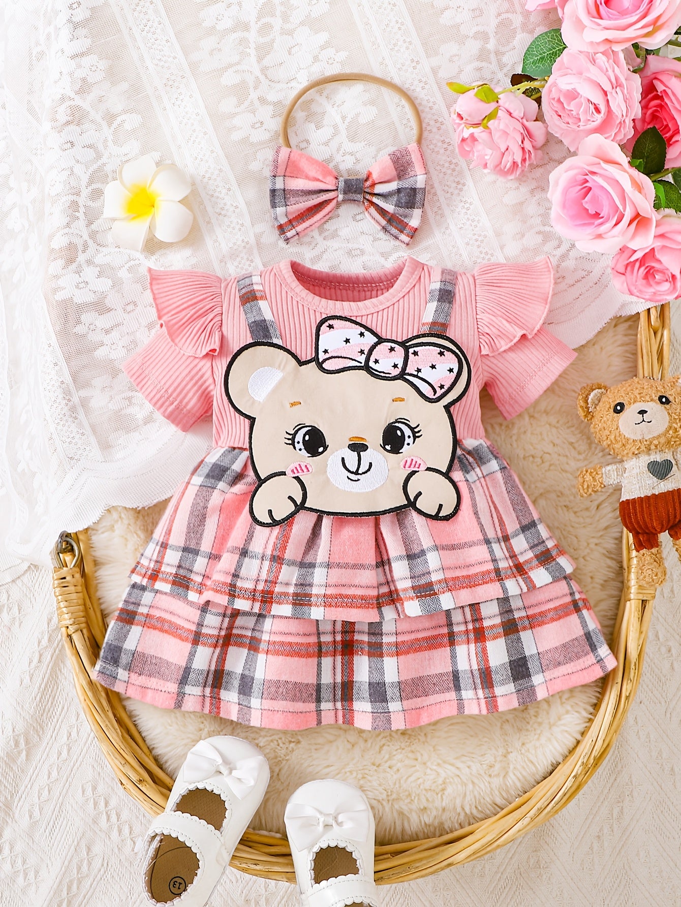 Vestido Romper Rosa para Bebé Niña con Diadema — Diseño Osito Tierno, Tallas 1-3M a 12-18M
