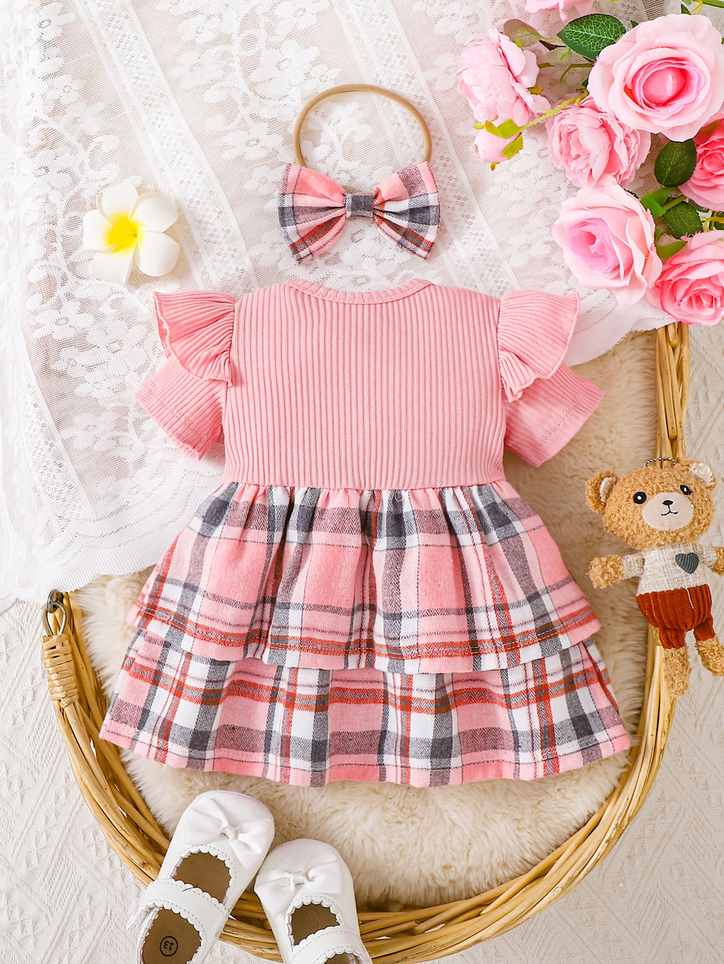 Vestido Romper Rosa para Bebé Niña con Diadema — Diseño Osito Tierno, Tallas 1-3M a 12-18M