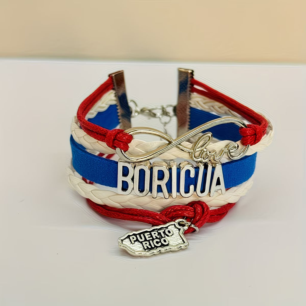 Pulsera Boricua Puerto Rico | Mapa y Corazón | Cuero Trenzado Rojo Blanco Azul | Unisex