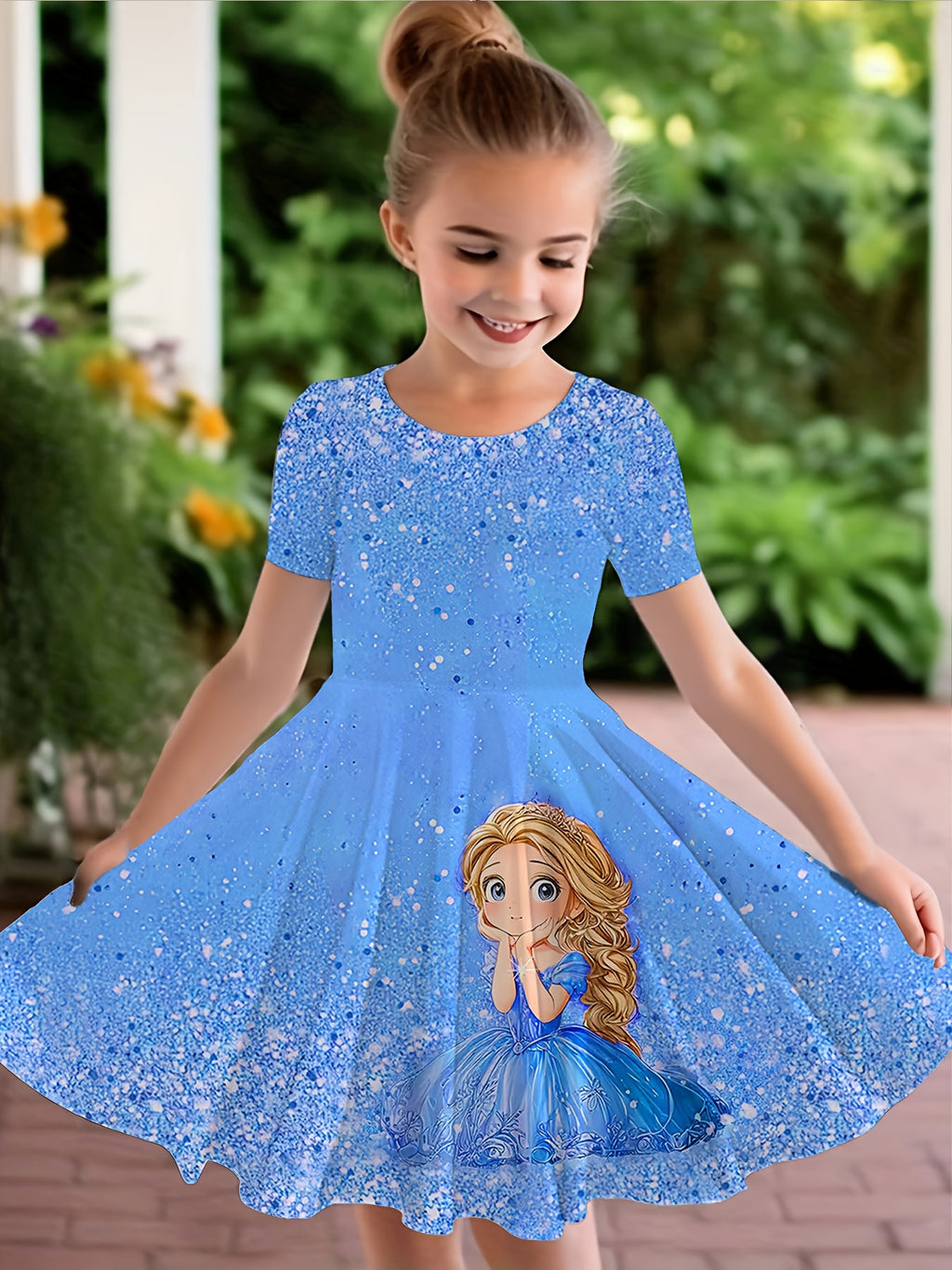 Vestido Azul Brillante con Princesa para Niña | Estampado Mágico | Tallas 5-6 a 13-14 Años