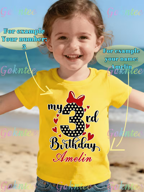 Camiseta de cumpleaños infantil de color amarillo ,personalizable ,(se  le puede poner el dia del cumpleaños y el nombre del que cumple)   hay  mas colores, Negro, verde, blanco y rojo diseño Minnie Mouse - Soñando en Azu