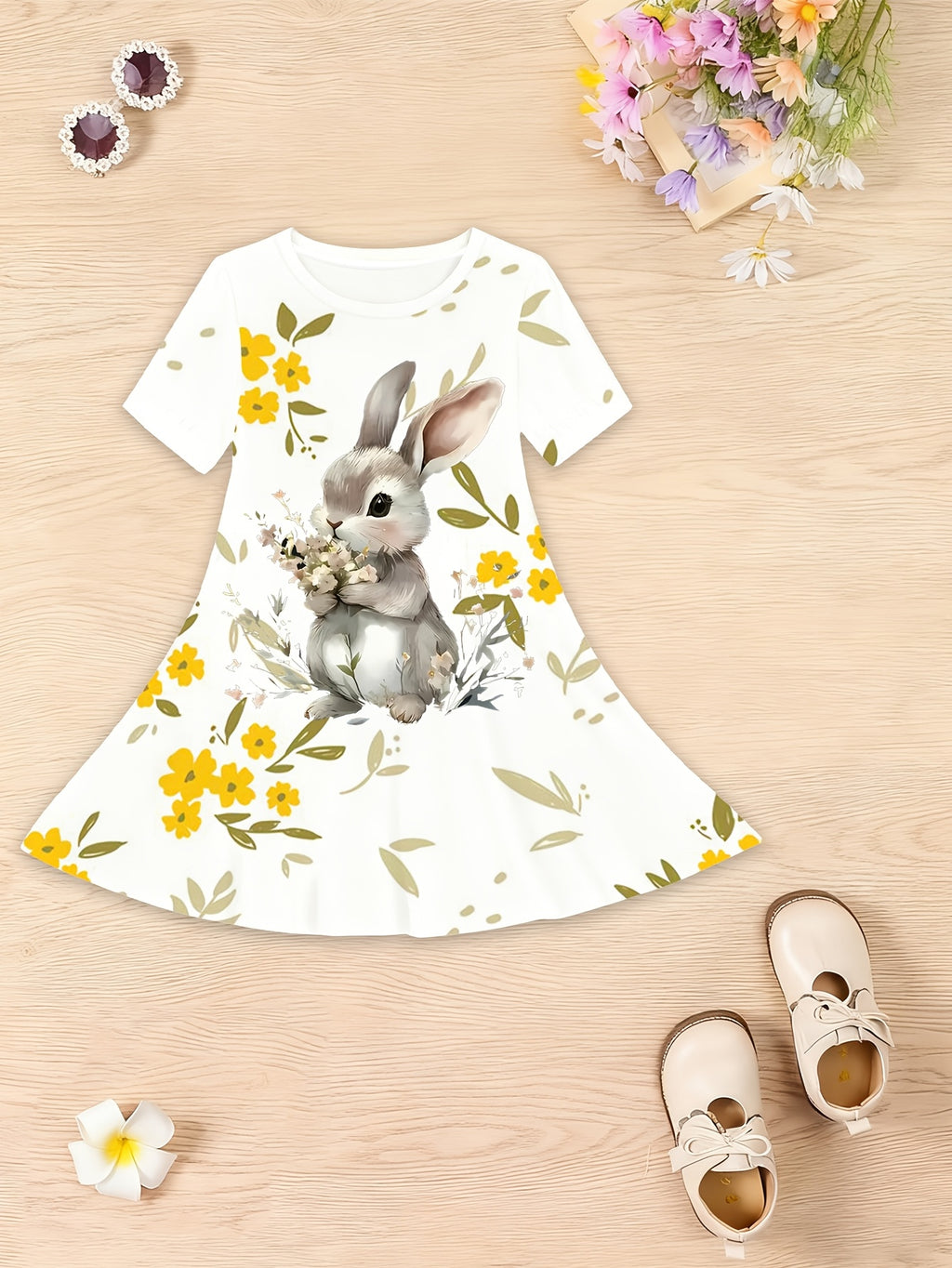 Vestido de Verano con Conejito 3D para Niña | Flores Amarillas, Manga Corta, Falda Acampanada | Tallas 3-4 a 11-12 Años