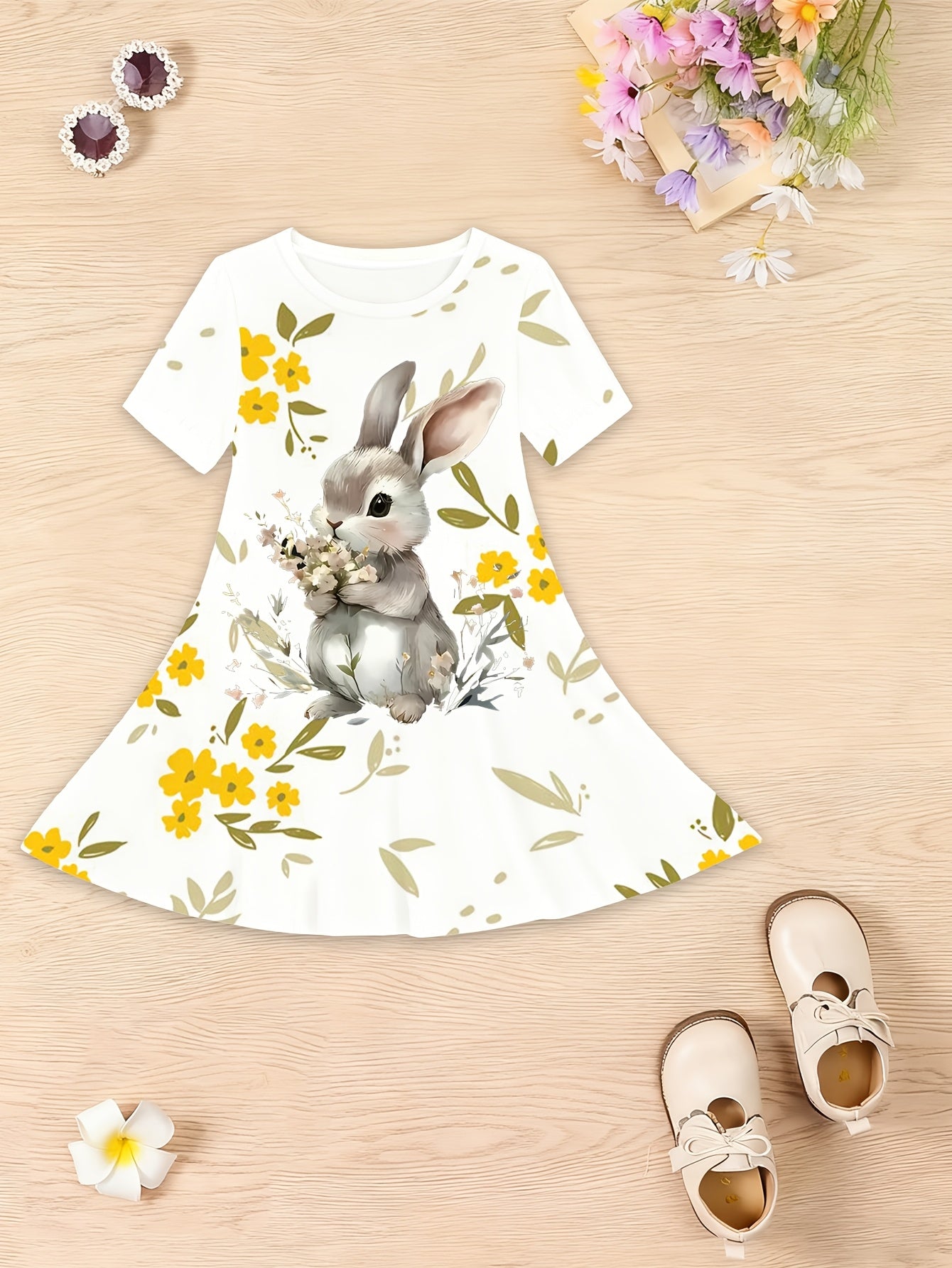 Vestido de Verano con Conejito 3D para Niña | Flores Amarillas, Manga Corta, Falda Acampanada | Tallas 3-4 a 11-12 Años