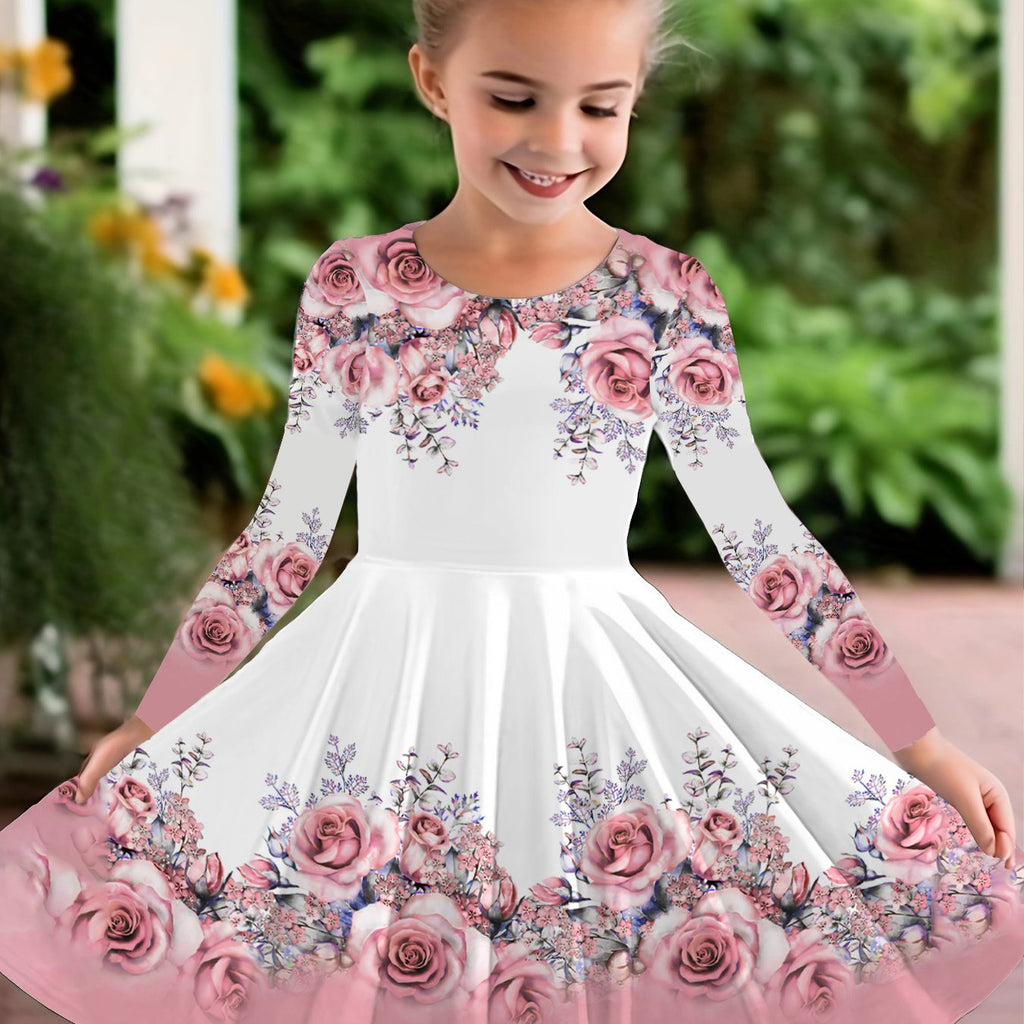 Vestido de Rosas Rosadas para Niña | Falda Giratoria, Mangas Largas, Estampado Floral | Tallas 5-6 a 13-14 Años