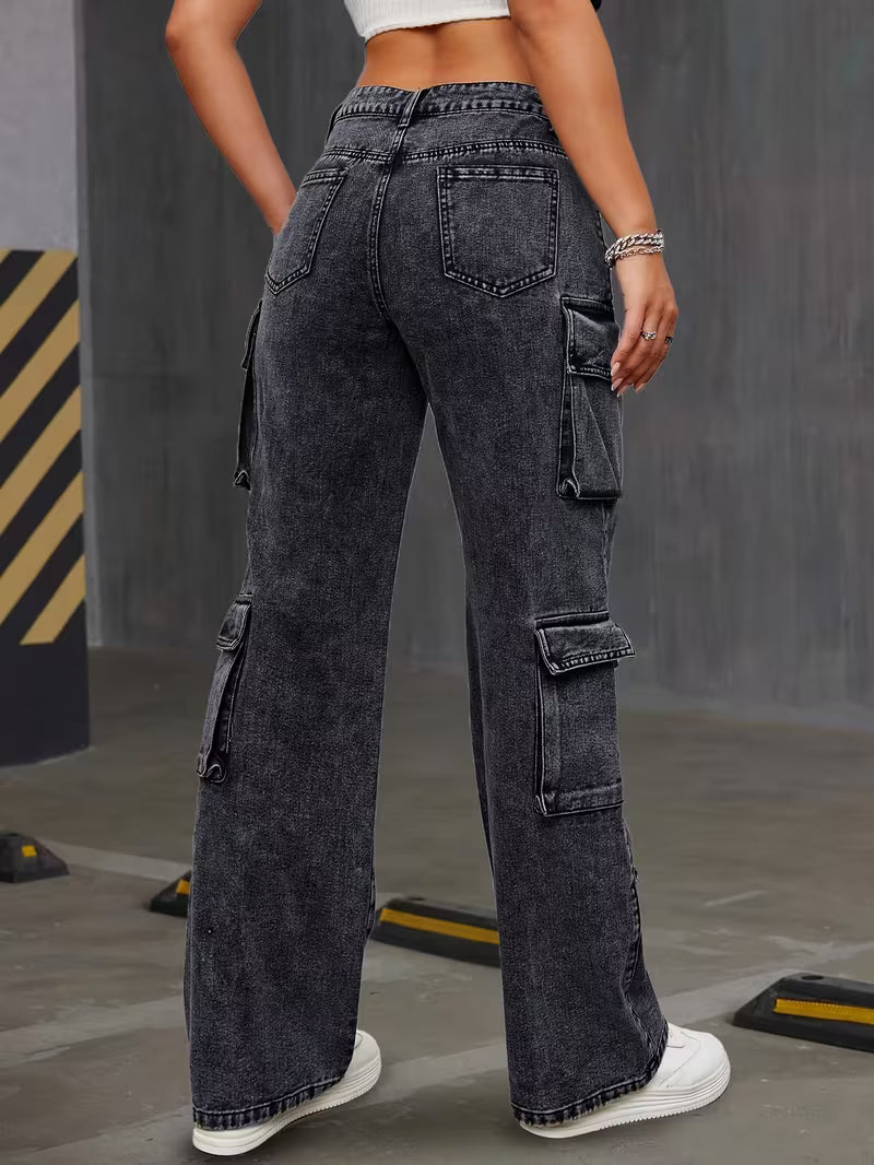 Jeans cargo negros para mujer de pierna recta, tallas grandes
