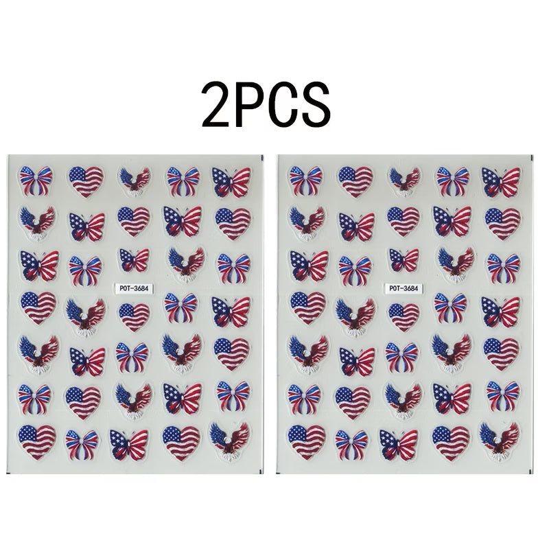 Calcomanías para Uñas Patrióticas 🇺🇸 | 2 Hojas | Águila, Mariposa, Corazón | 4 de Julio
