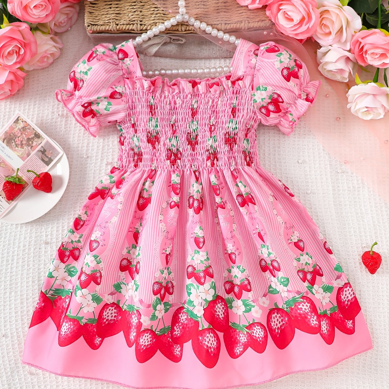 Vestido de Fresas para Niña | Rosa, Manga Burbuja, Tela Suave Arrugada | Uso Casual y Exterior