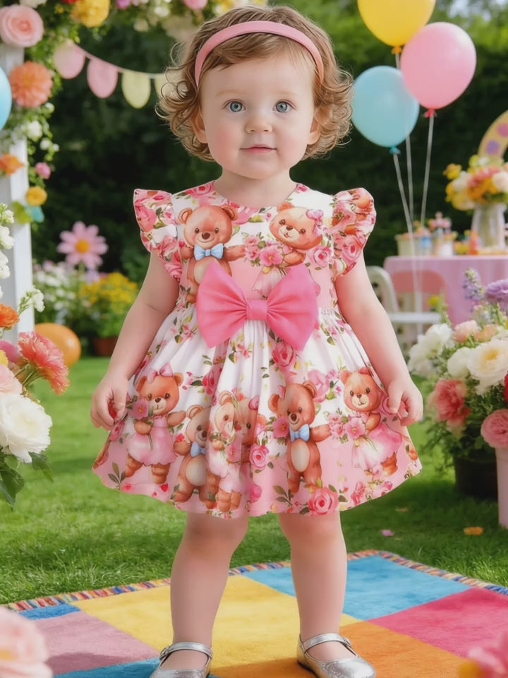 Vestido de Bebé con Ositos y Flores | Lazo Rosa | Sin Mangas | Tallas 0 a 3 Años