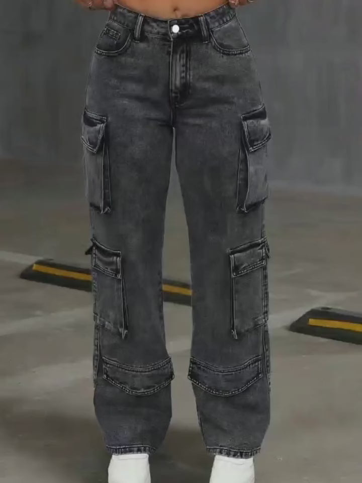 Jeans cargo negros para mujer de pierna recta, tallas grandes