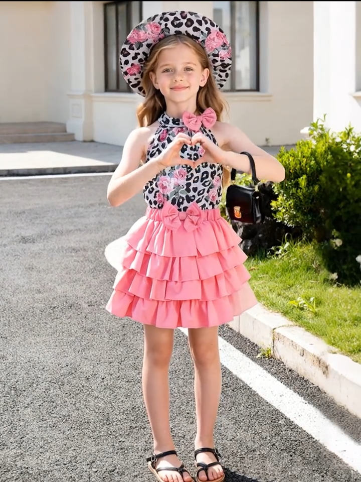 Niña haciendo un corazón con las manos mientras posa con conjunto de moda urbana de blusa de leopardo con rosas, falda rosa con capas y sombrero a juego, de Soñando en Azul.